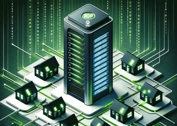 An isometric digital illustration of a Remote Desktop Protocol service with a central, tall server structure surrounded by smaller residential-style buildings, all interconnected by glowing green lines.