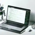 elegant desktop setup with a white background, featuring a laptop displaying lines of code and a robot figurine beside it. The scene emphasizes simplicity with subtle green and black accents to symbolize web crawling vs web scraping