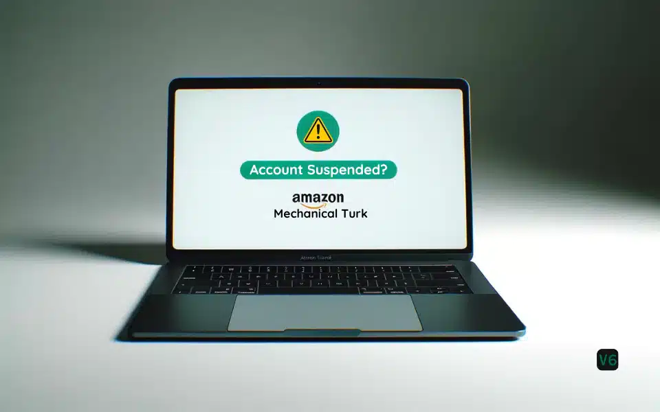 Image of a laptop screen displaying a message related to Amazon MTurk account suspension. The screen shows a warning icon with the text "Account Suspended?" followed by "Amazon Mechanical Turk."