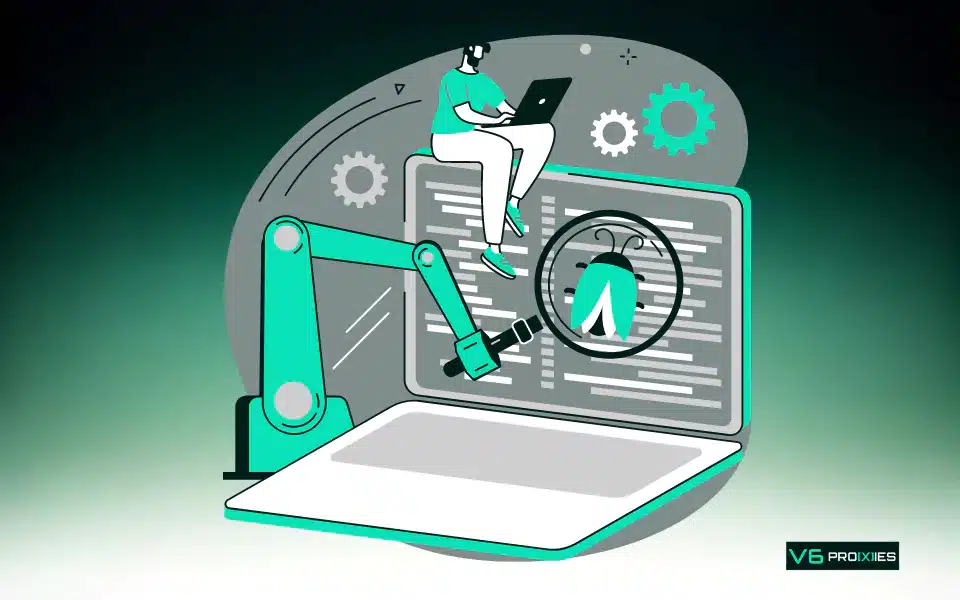 Illustration depicting browser and web automation with a robotic arm interacting with a laptop, a person working on code, and automation-related icons such as gears and a bug, representing automated testing and debugging processes.