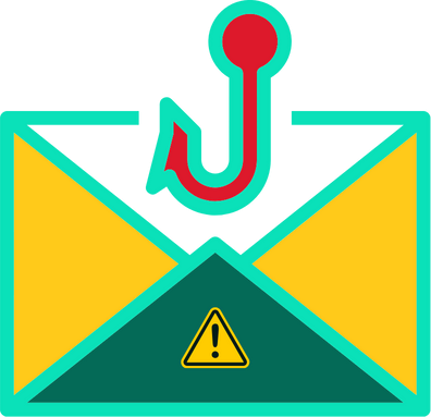 a stylized envelope with a red phishing hook emerging from the top. The envelope is primarily yellow with green accents and features a warning triangle with an exclamation mark on its lower part, symbolizing a phishing email alert.