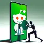 a conceptual illustration of unlocking Reddit with a green key. the reddit icon appears on a smart phone and a man puts a key in it to symbolize bypassing reddit ip bans