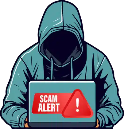a person wearing a hooded sweatshirt, obscuring their face in shadow. They are holding a laptop displaying a red warning triangle with an exclamation mark and the words "SCAM ALERT" in bold white letters. This image represents a warning against online scams or fraudulent activities.