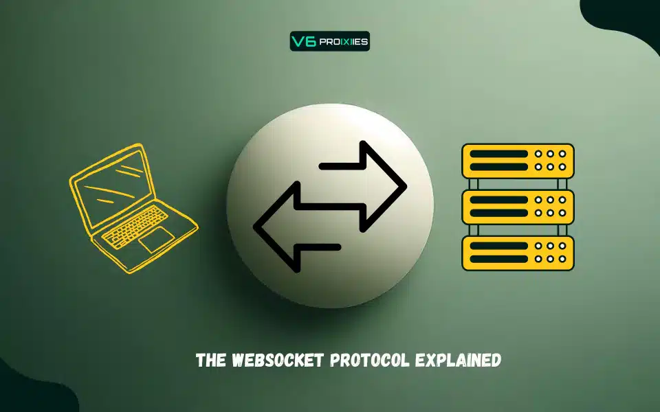 Visual representation of the WebSocket protocol with icons depicting a laptop and server exchanging data. The image includes the title 'The WebSocket Protocol Explained' and the V6 Proxies logo, illustrating the concept of real-time, bidirectional communication facilitated by WebSockets