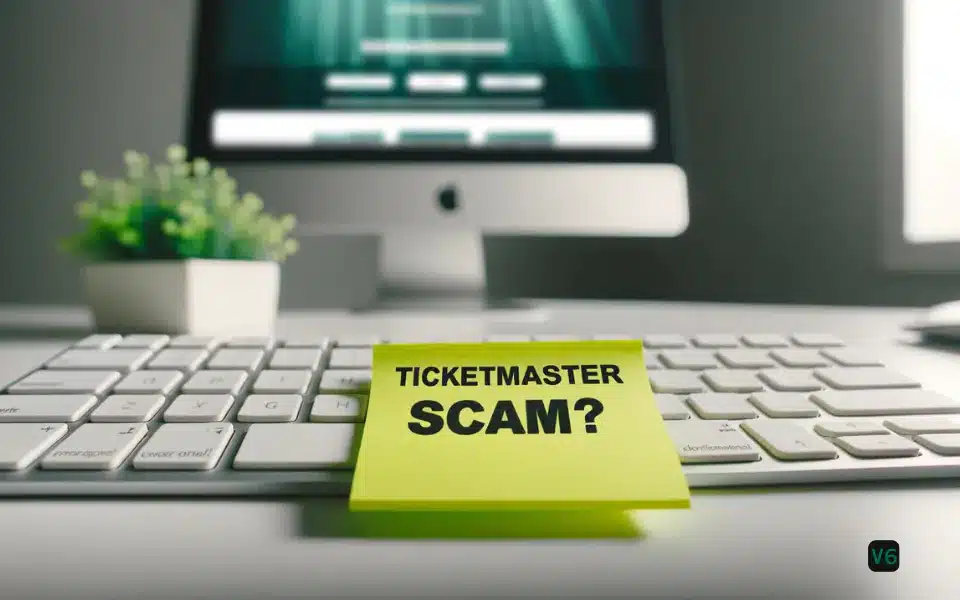 A white computer keyboard with a sticky note that says "Ticketmaster Scam?" in black text. In the background, there is a blurred out of focus computer screen with a Ticketmaster website open.