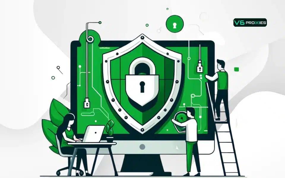 Illustration showing security measures for preventing web scraping, including a large shield with a lock on a computer screen, symbolizing protection. Presented by V6 Proxies.