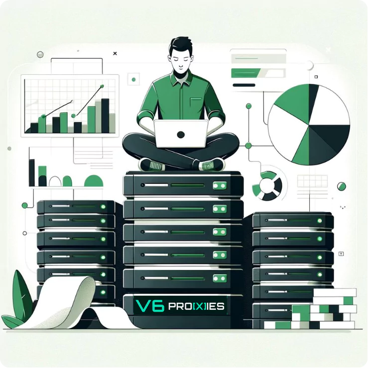 Illustration depicting a person sitting on top of servers, representing web scraping proxies, working on a laptop. The color scheme is green, white, and black. The person wears a green shirt and black pants, using a white laptop. Surrounding the servers are elements like a large paper scroll, a pie chart, and bar graphs, symbolizing data analysis and web scraping activities, all in green and black shades with white highlights.