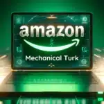 a laptop with its screen displaying the logo and text related to "Amazon Mechanical Turk." The screen shows the word "amazon" with the signature smile arrow, which incorporates a dollar sign in its curve. Below the arrow is the text "Mechanical Turk." The overall color scheme is green