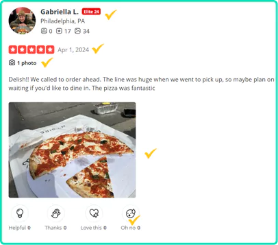 Image of a Yelp user's review showing a large pizza ordered from a restaurant, useful for tutorials on extracting data like reviews, photos, and user details from the Yelp platform.