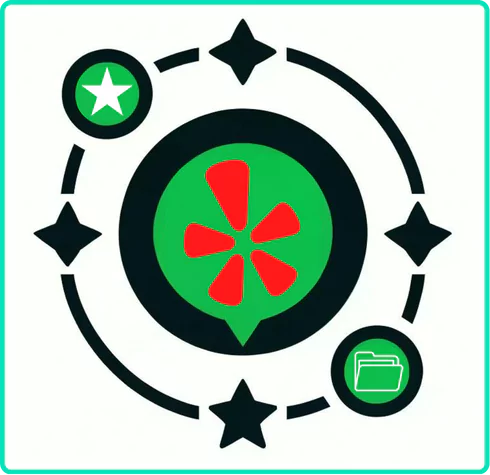 a graphic illustrating the process of scraping or extracting Yelp reviews (represented by the star icons) and storing or organizing them into some kind of repository or folder (depicted by the briefcase/wallet icon). The circular design with the Yelp logo at the center conveys this as a cyclic or repeating workflow for collecting review data from Yelp's platform.