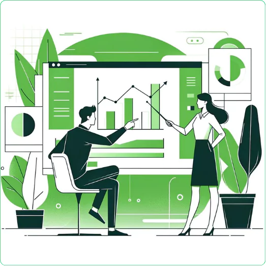 Illustration of two professionals analyzing and discussing ad campaign performance data on a screen, emphasizing strategic management and optimization of digital advertising efforts.