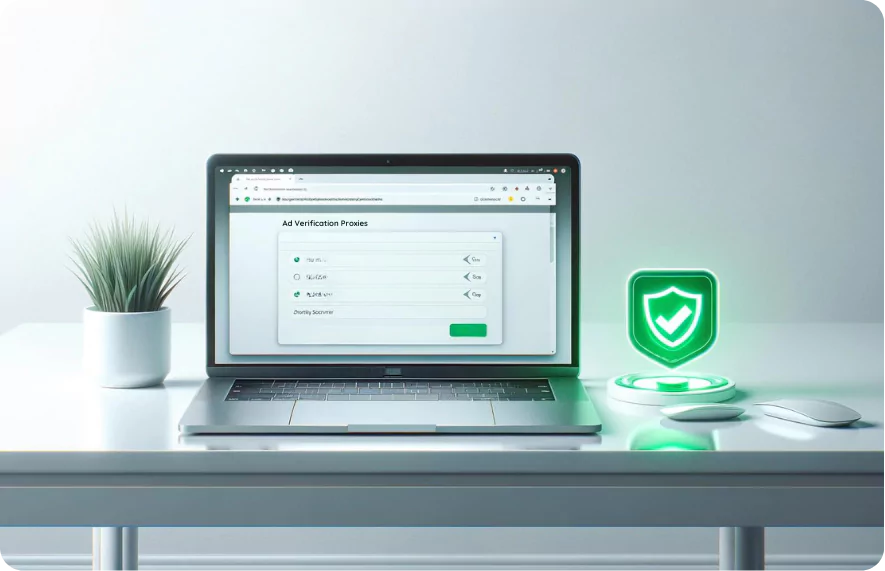 Laptop displaying ad verification proxies setup on screen, symbolizing secure and geo-targeted residential proxy solutions for effective ad verification. Green shield icon representing enhanced security and anonymity.