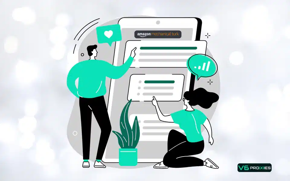 Illustration of two individuals interacting with Amazon Mechanical Turk on a large screen. One person is standing and pointing at the screen, indicating engagement with survey options, while the other person kneels, pointing at the screen to highlight specific details. A plant is placed in front of the screen, symbolizing a pleasant working environment. The image emphasizes the ease of completing online surveys on MTurk.