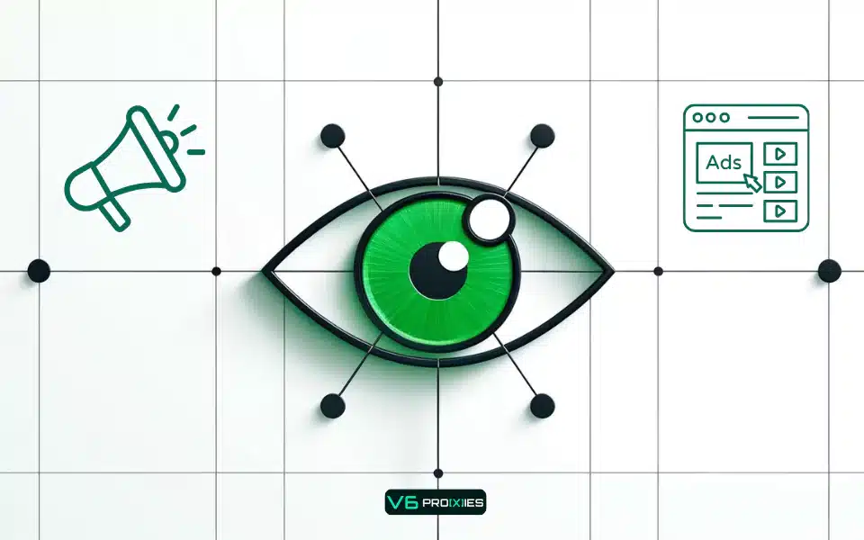 Illustration of an eye symbolizing ad viewability, with icons representing digital advertising and ad verification by V6 Proxies.